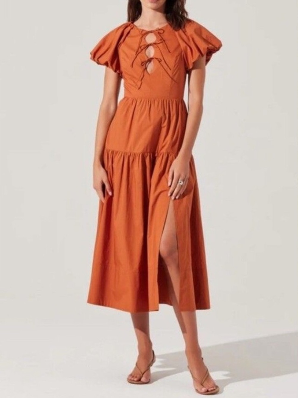Astr the label aine copper tie front bow cotton midi dress